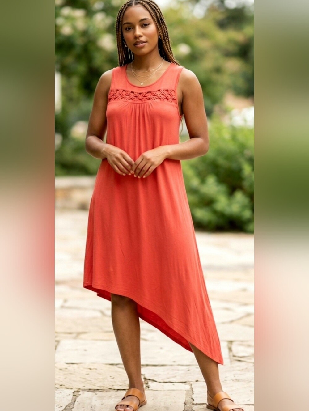 Chelsea Theodore Large Asymmetrical Macrame Cutout Dress Boho Rust Orange  Chic
